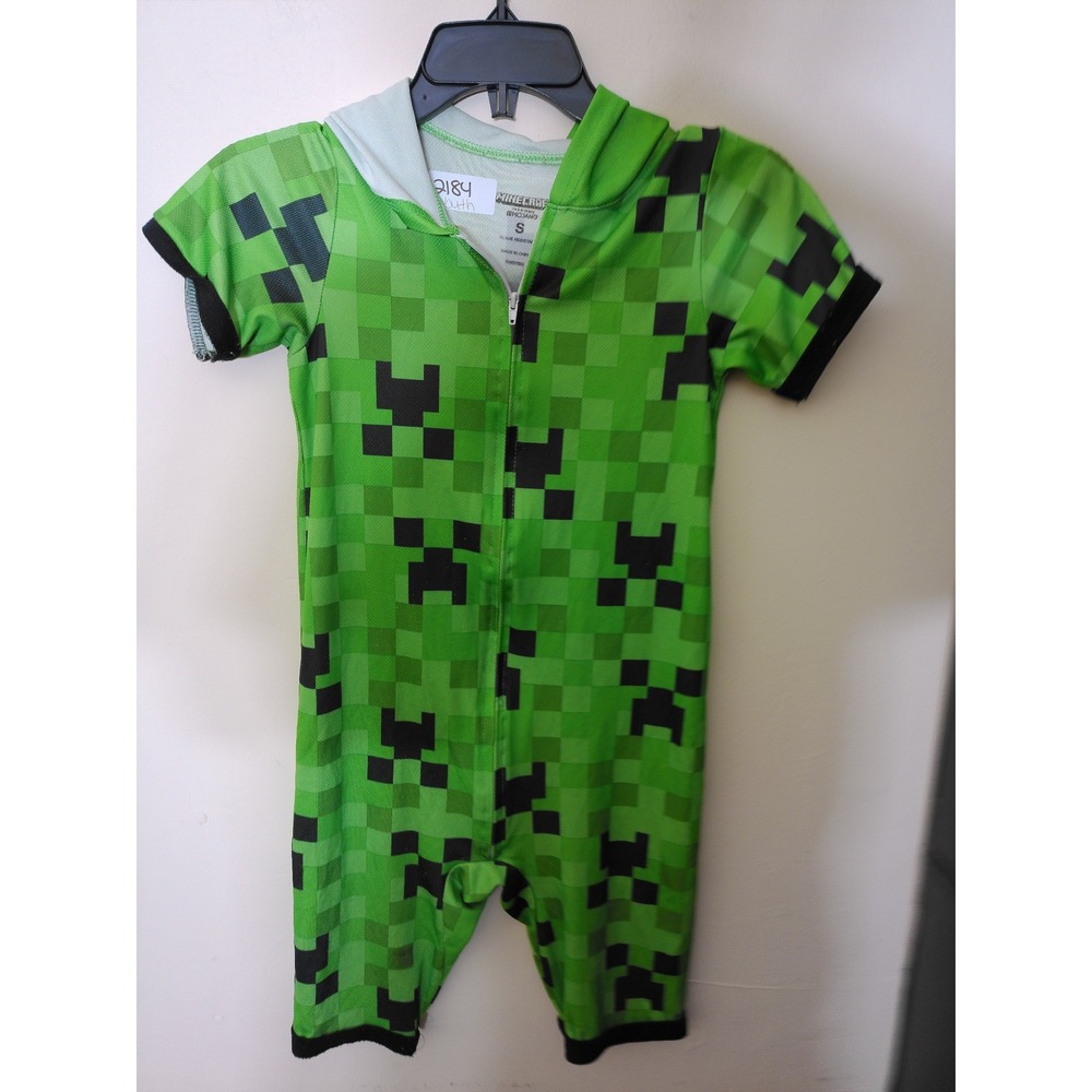 Minecraft Hooded Romper Youth S Green Creeper Pixelated Gamer Pajamas One Piece